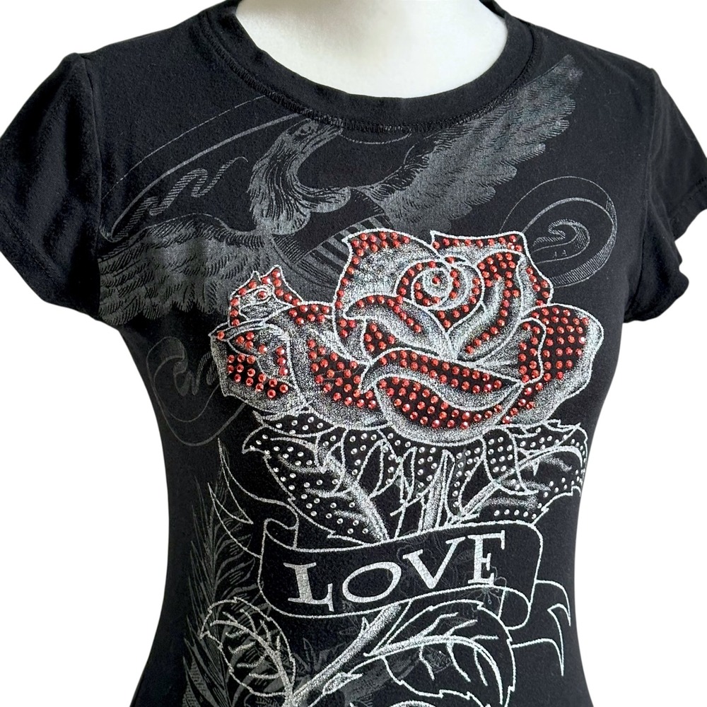 Y2K Tattoo Graphic Rose Love Rhinestone Black Short Sleeve Tee Shirt Women S - Picture 3 of 8
